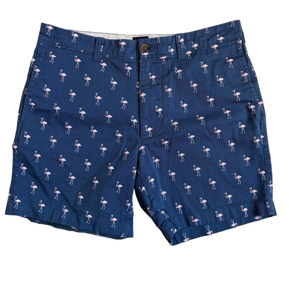 J. Crew Factory 7" Flex Khaki Short (Navy with Pink Flamingo Pattern) - Size 31 - Picture 1 of 6